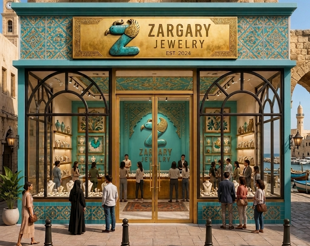 הדמיית חזית חנות Zargary Jewelry ברחוב, בשמש של לפני הצהריים